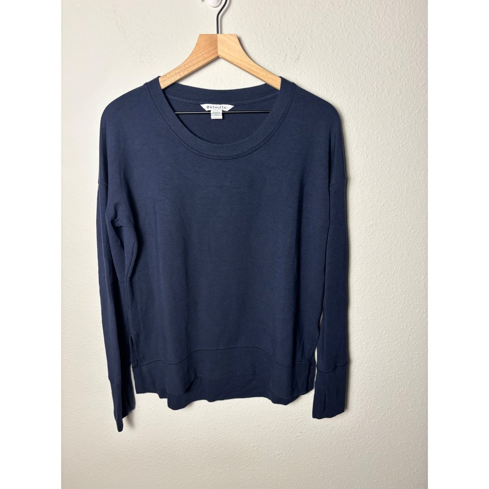 Athleta Coaster Luxe Recover Sweatshirt Navy Blue Crew Neck Thumbholes S 870422